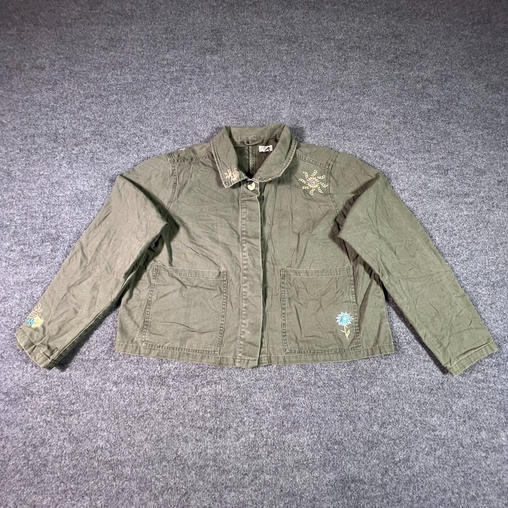 a.n.a Utility Jacket Womens 2XL Green Cotton Canvas Floral Embroidered Button-Up